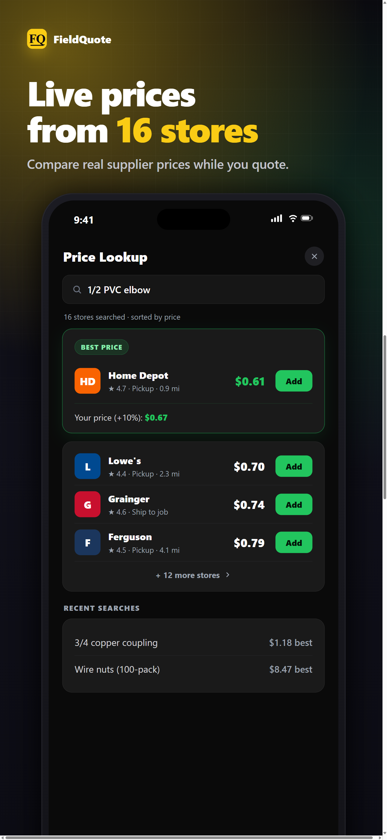 FieldQuote live material price search showing current part prices from multiple supplier stores